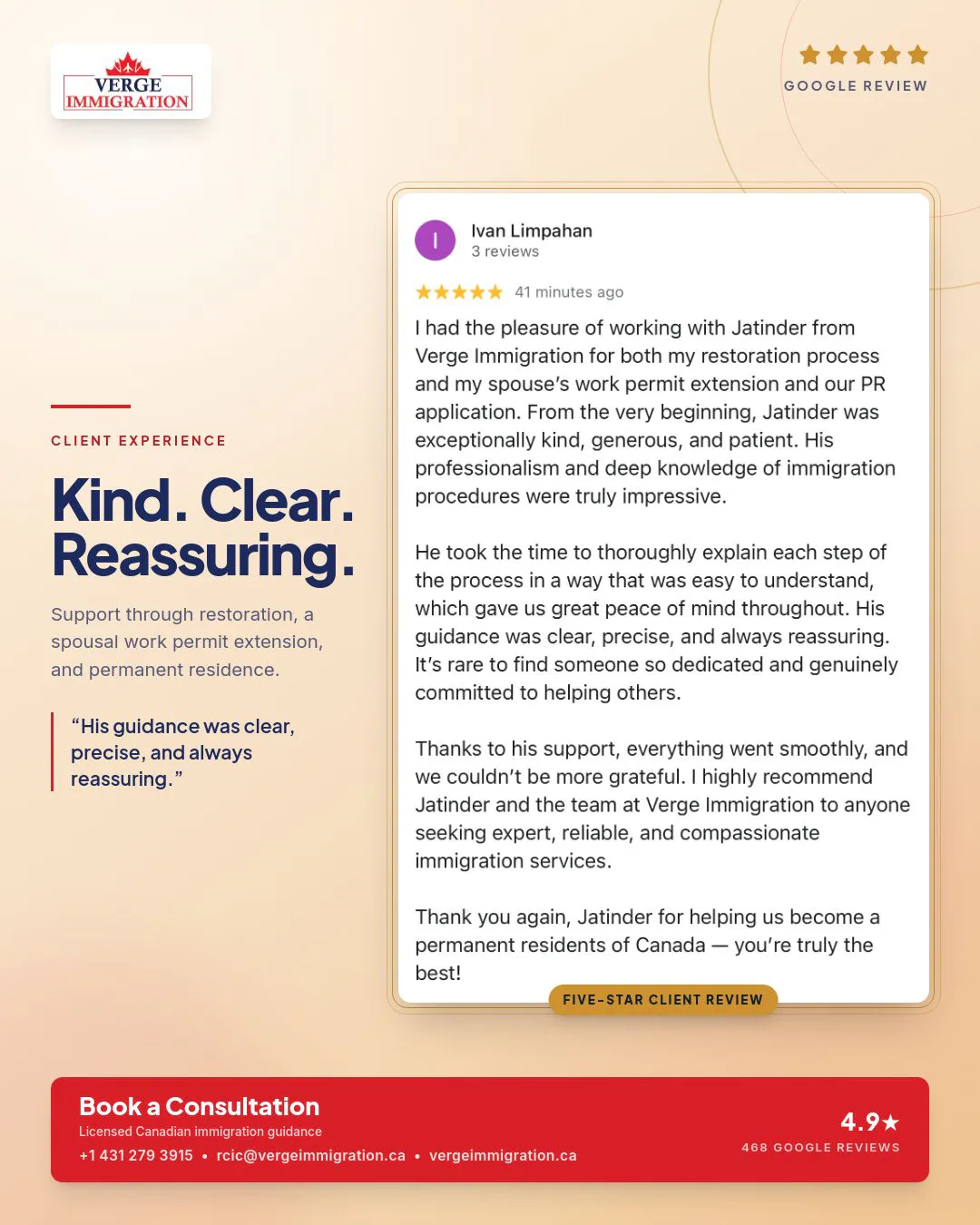 Verge Immigration client review Instagram graphic