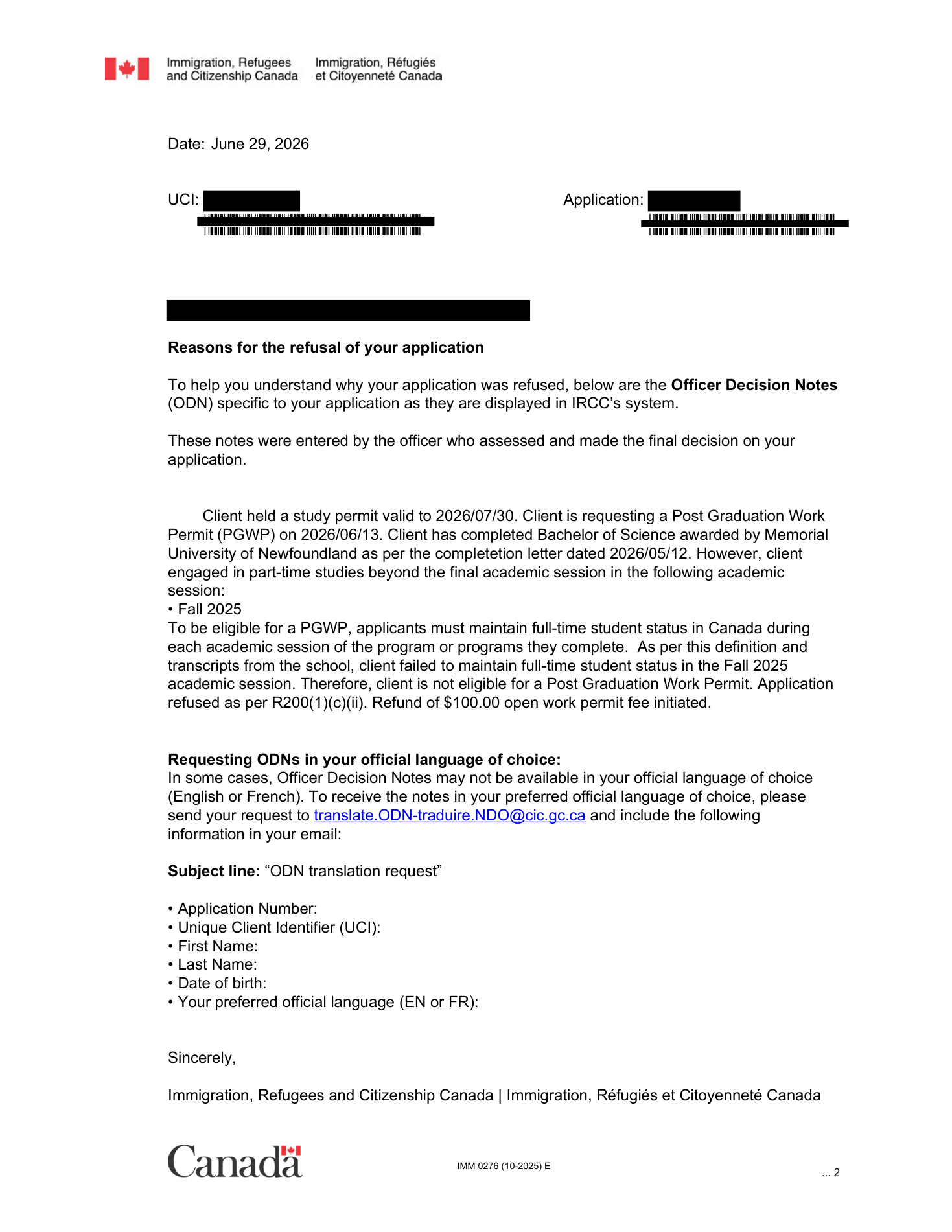 Redacted June 29, 2026 IRCC Officer Decision Notes