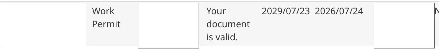IRCC portal work permit validity row showing the document is valid through 2029