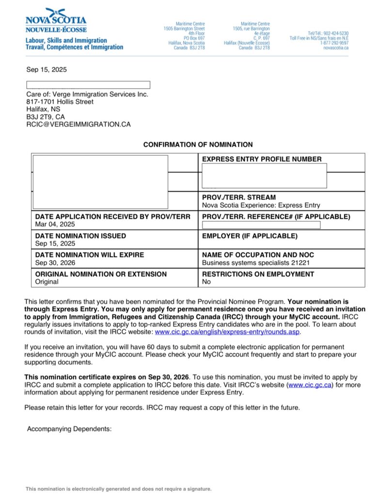 Nova Scotia Experience Express Entry nomination approval for Business Systems Specialist in Halifax
