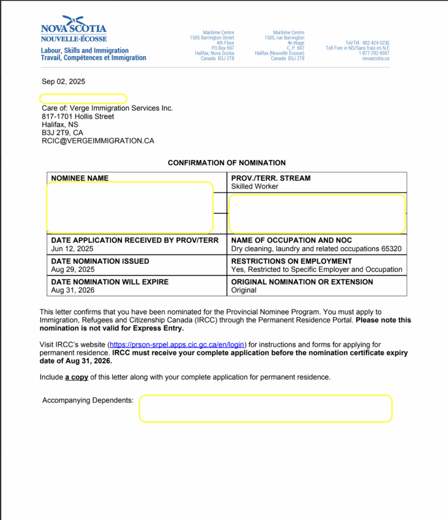 Nova Scotia PNP Skilled Worker nomination approval for family in Halifax