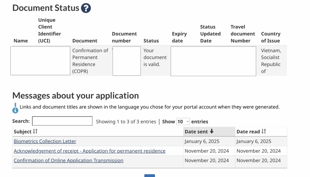 screenshot showing confirmation of permanent residence in the APR portal