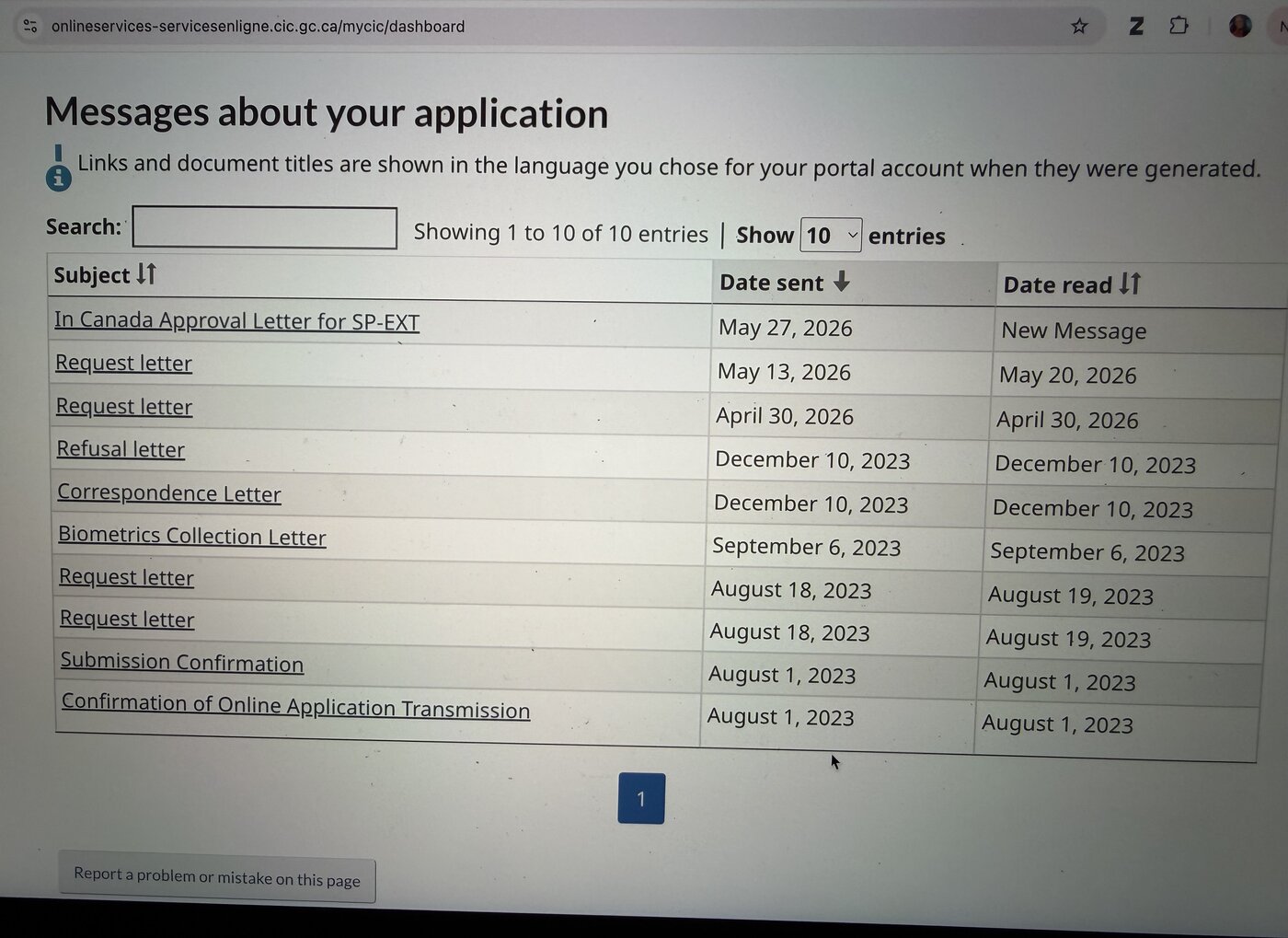IRCC online portal messages showing an In Canada Approval Letter for a study permit extension following a request for reconsideration of a previously refused restoration application.