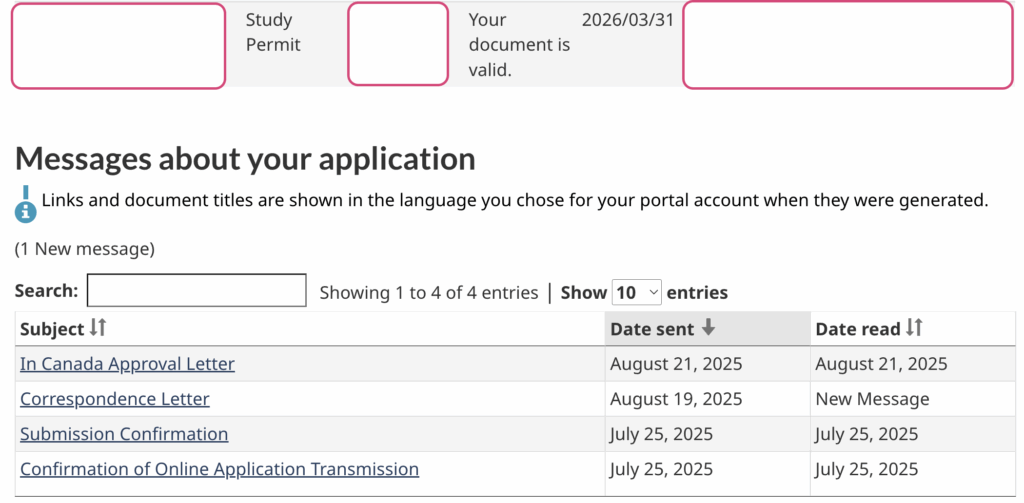 Screenshot of IRCC GCKey account displaying approved restoration of status and study permit extension in Canada, valid until March 31, 2026, with application messages including In-Canada Approval Letter dated August 21, 2025.