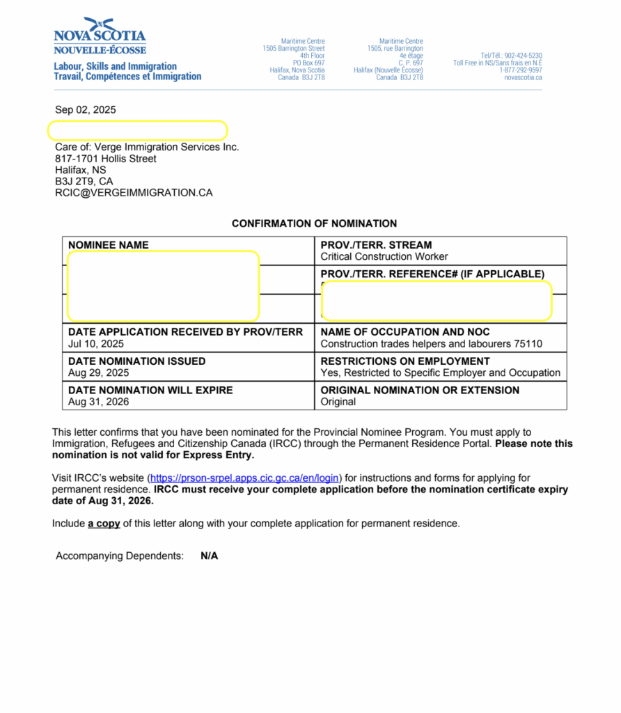 Screenshot of a redacted Nova Scotia Provincial Nominee Program Confirmation of Nomination letter, showing approval for the Critical Construction Worker Stream under NOC 75110, issued on August 29, 2025, and valid until August 31, 2026.