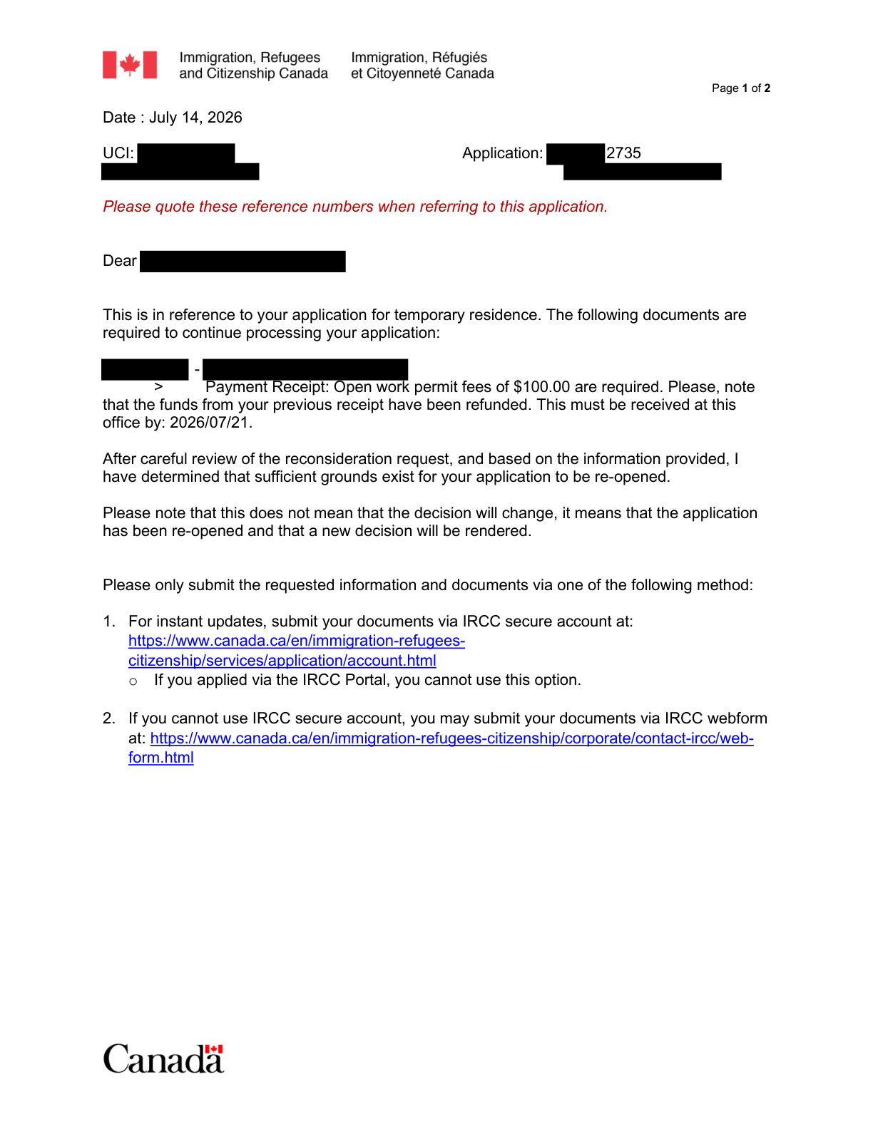 IRCC letter confirming the PGWP application was reopened