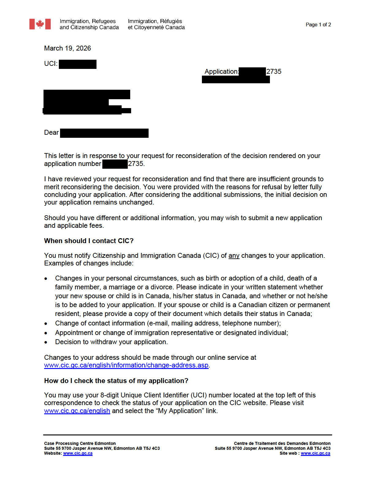 Full first page of IRCC's response maintaining the refusal after the first reconsideration request