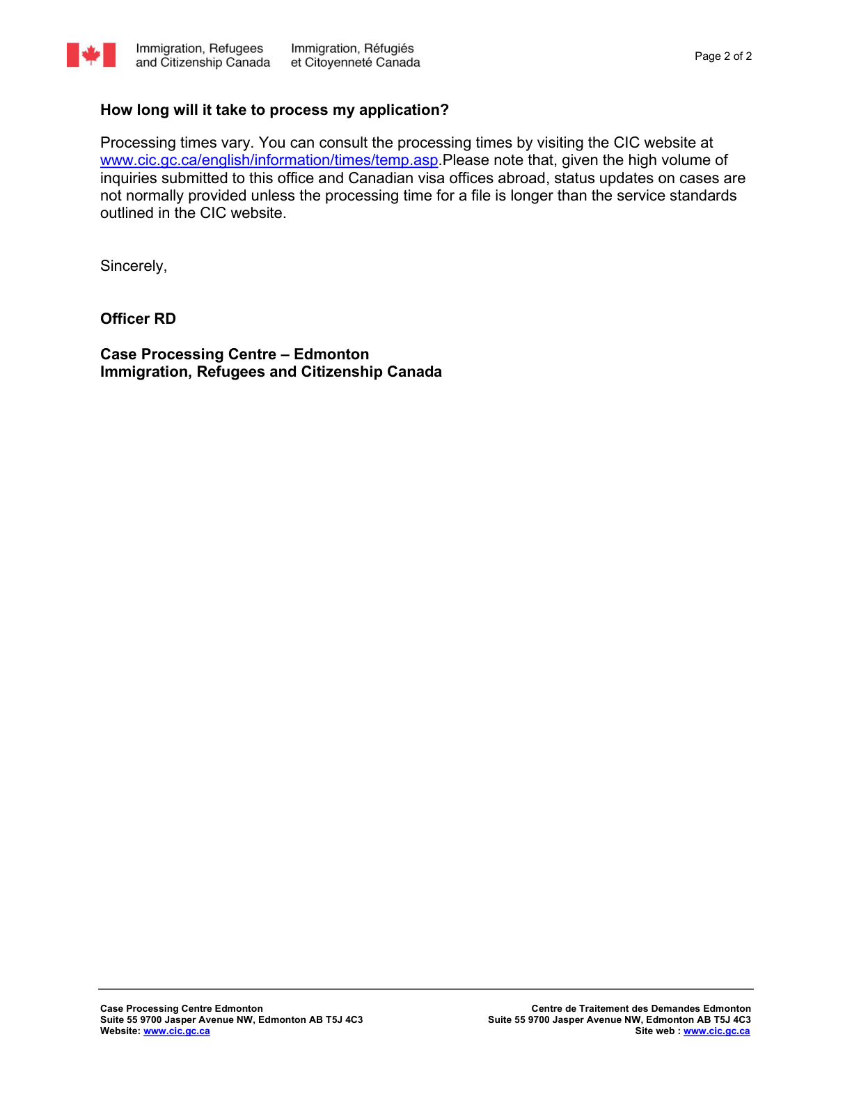 Full second page of IRCC's response maintaining the refusal after the first reconsideration request
