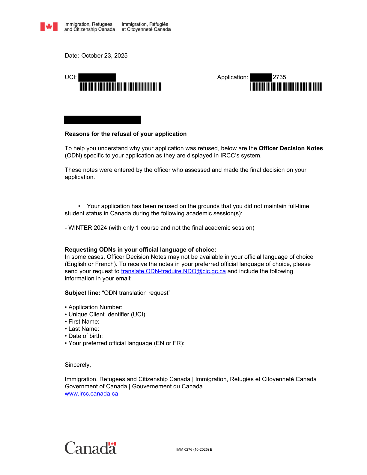 Full page of the IRCC Officer Decision Notes stating the PGWP refusal reason